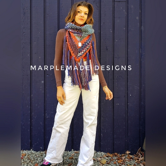 NWT* Handmade wrap scarf💜 MarpleMade Designs,  the Mix Up scarf, denim/orange - Picture 3 of 11